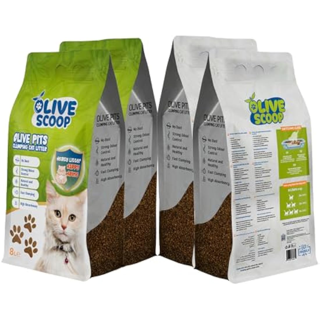 Olive Scoop Natural Cat litter Clumping | Made From 100% Olive Pits | Dust Free Cat Litter | Kitten Litter | Ultra Clumping Cat Litter Odour Control - 16L (2x 8L pack)