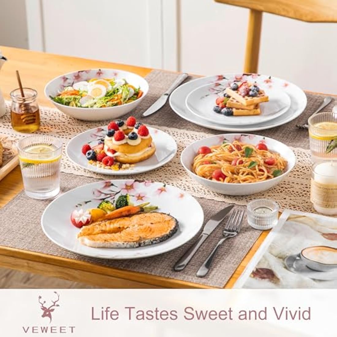 VEWEET Dinner Sets for 6 People, Porcelain Plates and Bowls Set, Dinner Plates, Dessert Plates, Soup Bowls, 18 Pieces, Round, Series Annie
