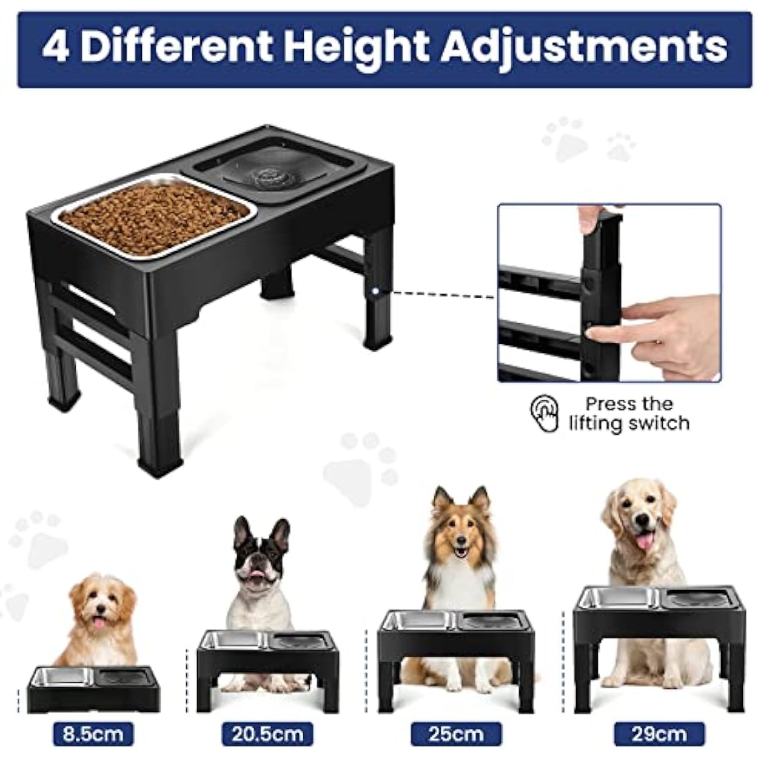 PETTOM Raised Dog Bowl 2x1600ML, Dog Bowls with Stand 4 Height Adjustable for Large Medium Small Dogs, Non Spill Dog Water Bowl & Stainless Steel Dog Food Bowl Set