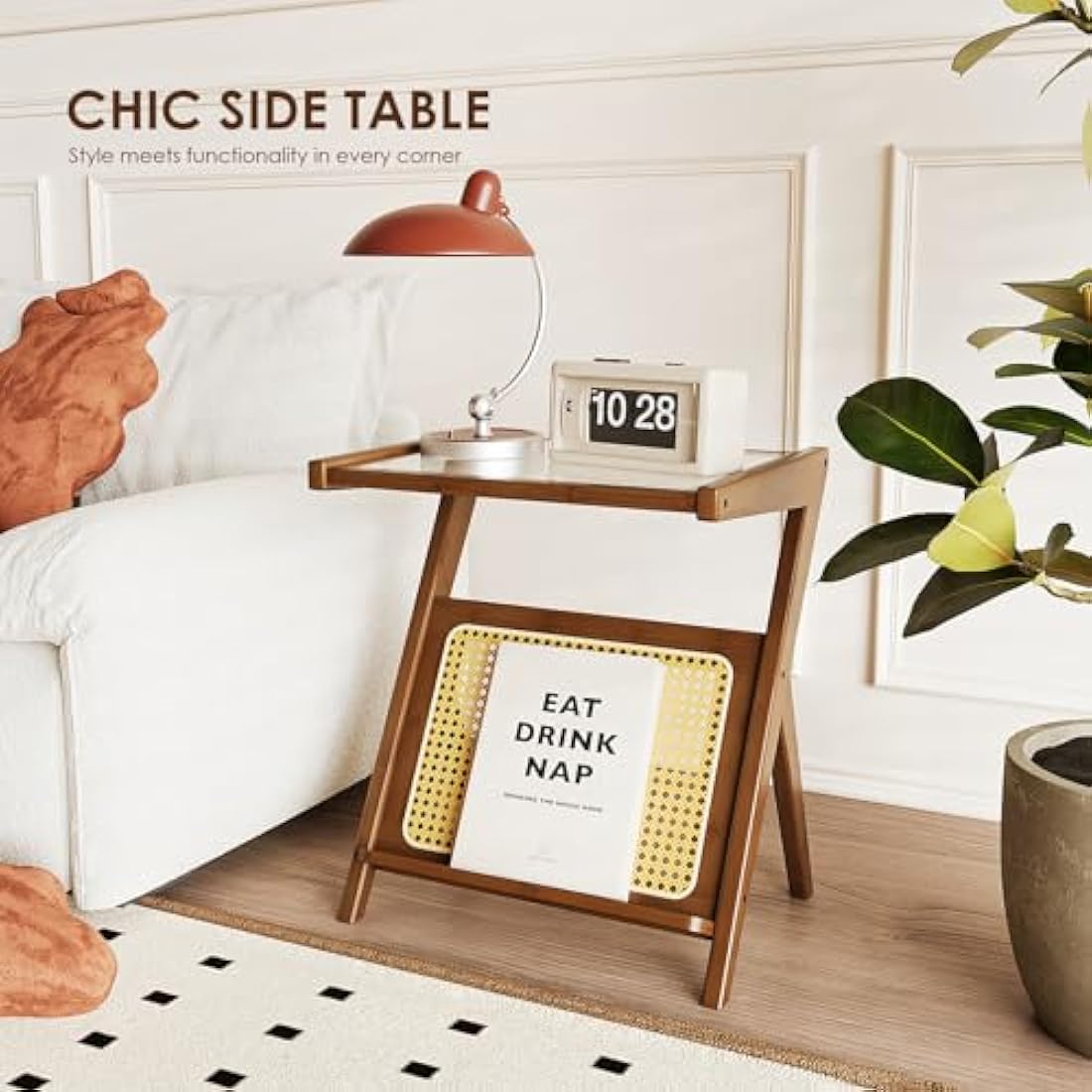 Bamworld Rattan Side Table Boho NightStand Mid Century Modern End Table Glass Bedside Table Small End Tables Bamboo Coffee Table with Storage Record Player Stand for Living Room Bedroom