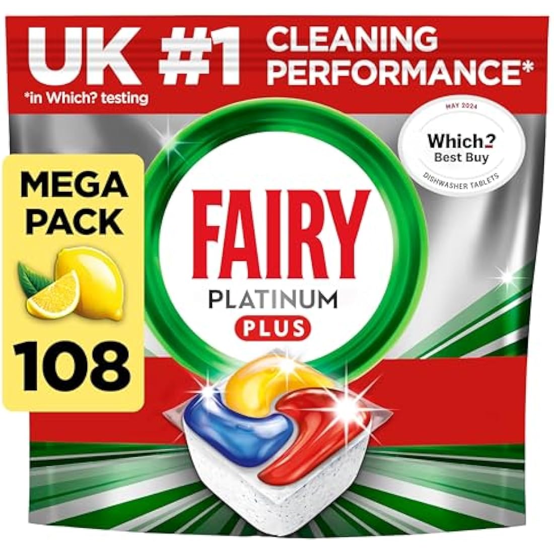 Fairy Platinum Plus All-in-1 108 Dishwasher Tablets, Lemon, Best Cleaning for a Like-New, Fights Grease & Prevents Limescale