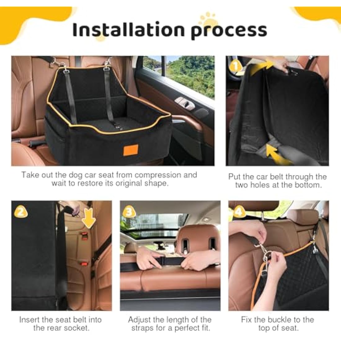 GL GLENSLAVE Dog Car Seat for Large/Medium Dogs, Dog Booster Seat for Pet Under 55Lbs or 2 Small, Detachable and Washable Travel Pet Bed with Thick Cushion and Storage Pockets (Black)