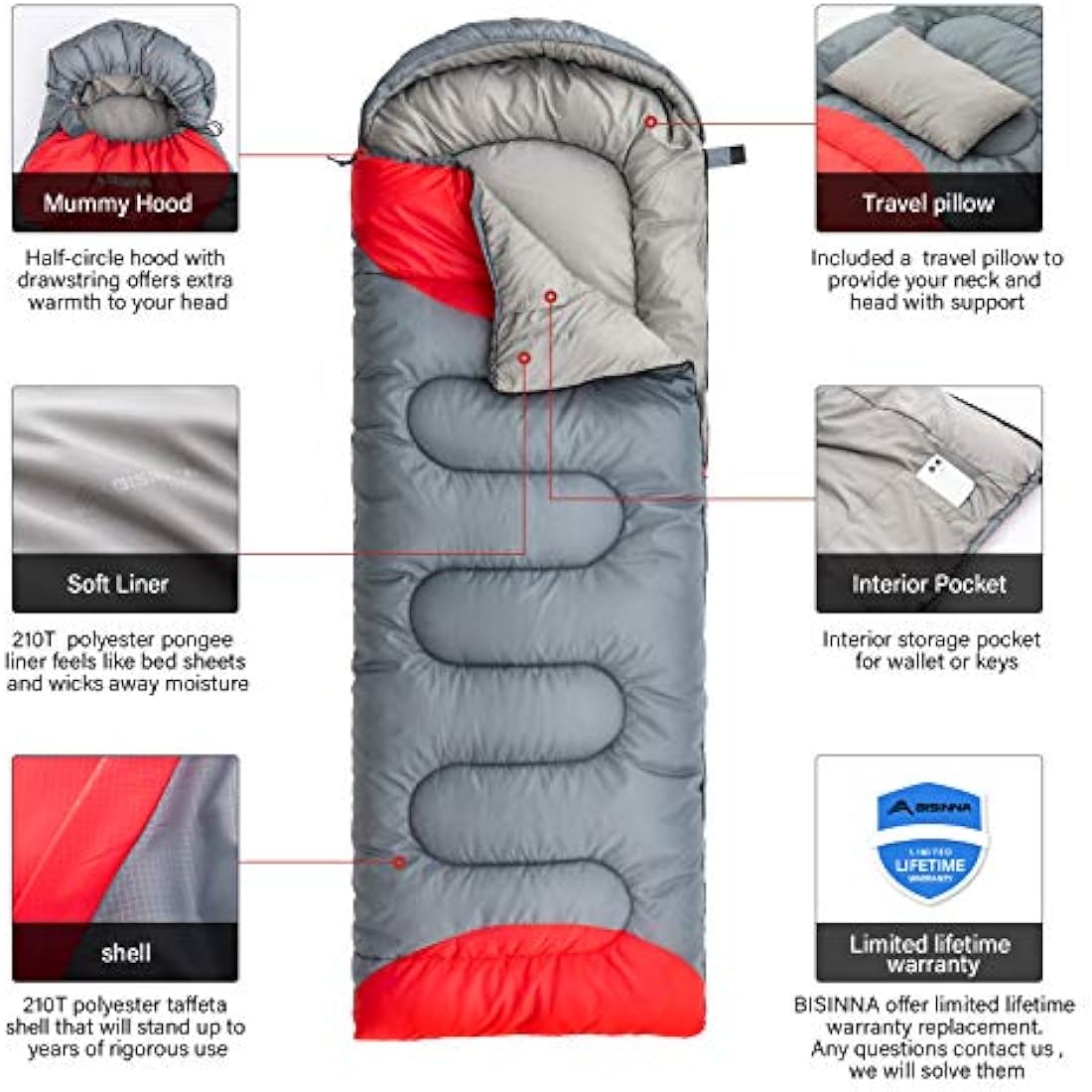BISINNA Sleeping Bag with Pillow - 4 Season Lightweight Waterproof Warm Sleeping Bag with a compression sack for Adults, Women, Men's Outdoors Camping, Hiking, Backpacking