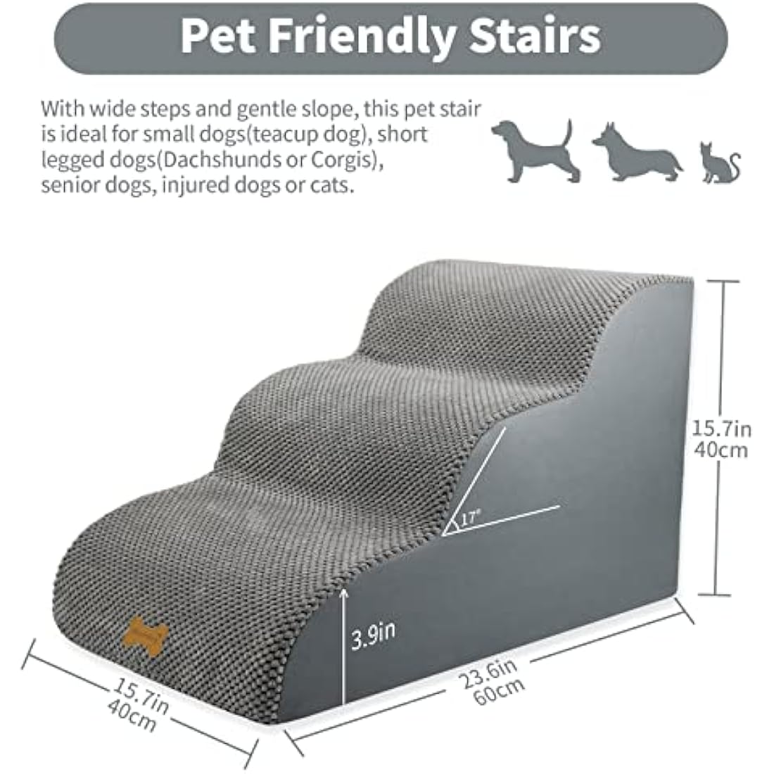 Nepfaivy Dog Steps Stairs for Bed - Non-Slip Pet Stairs for Small Dogs and Cats, 3-Steps Dog Ramp for Sofa with High Density Foam and Removable Cover, 60x40x40cm