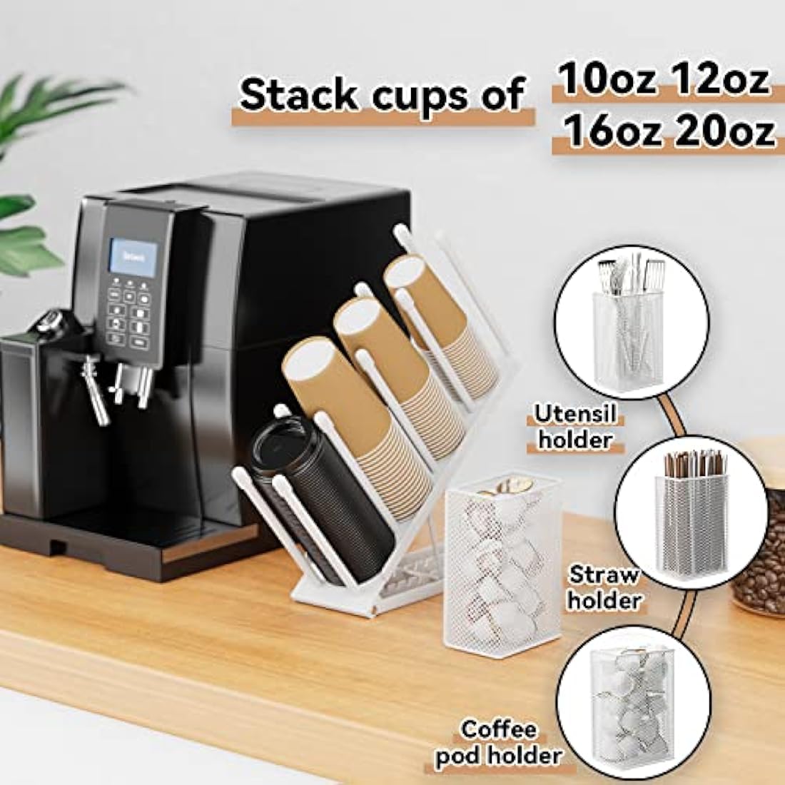 Ovicar Cup and Lid Holder - Adjustable 4 Compartment Disposable Cup Dispenser with Coffee Pod Straw Storage Basket for Bar Countertop Breakroom Metal White