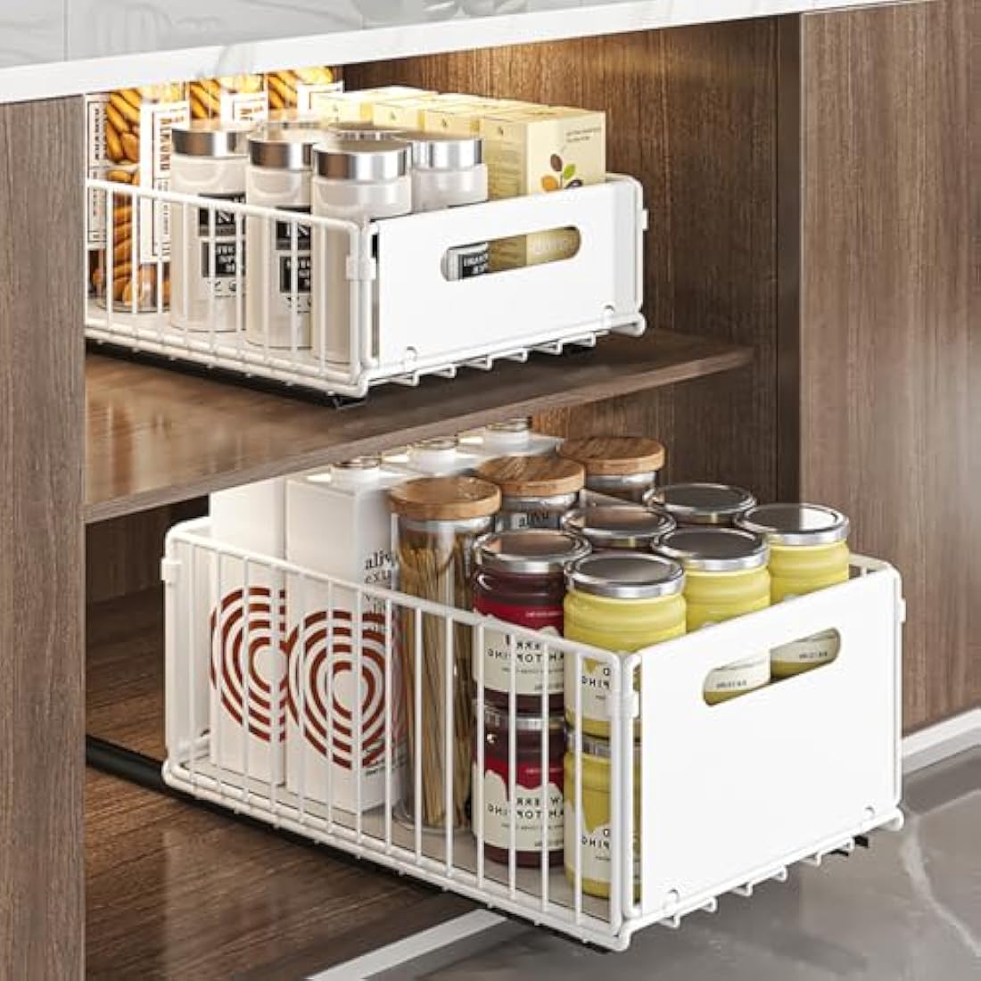 YunNasi Pull Out Cabinet Organizer Slide Out Drawer Storage Shelves Cupboard Organiser Sliding Cabinet Basket for Kitchen with Silent Slide No Drilling and Nailing (White, 2Piece 38Dx25Wx10H CM)