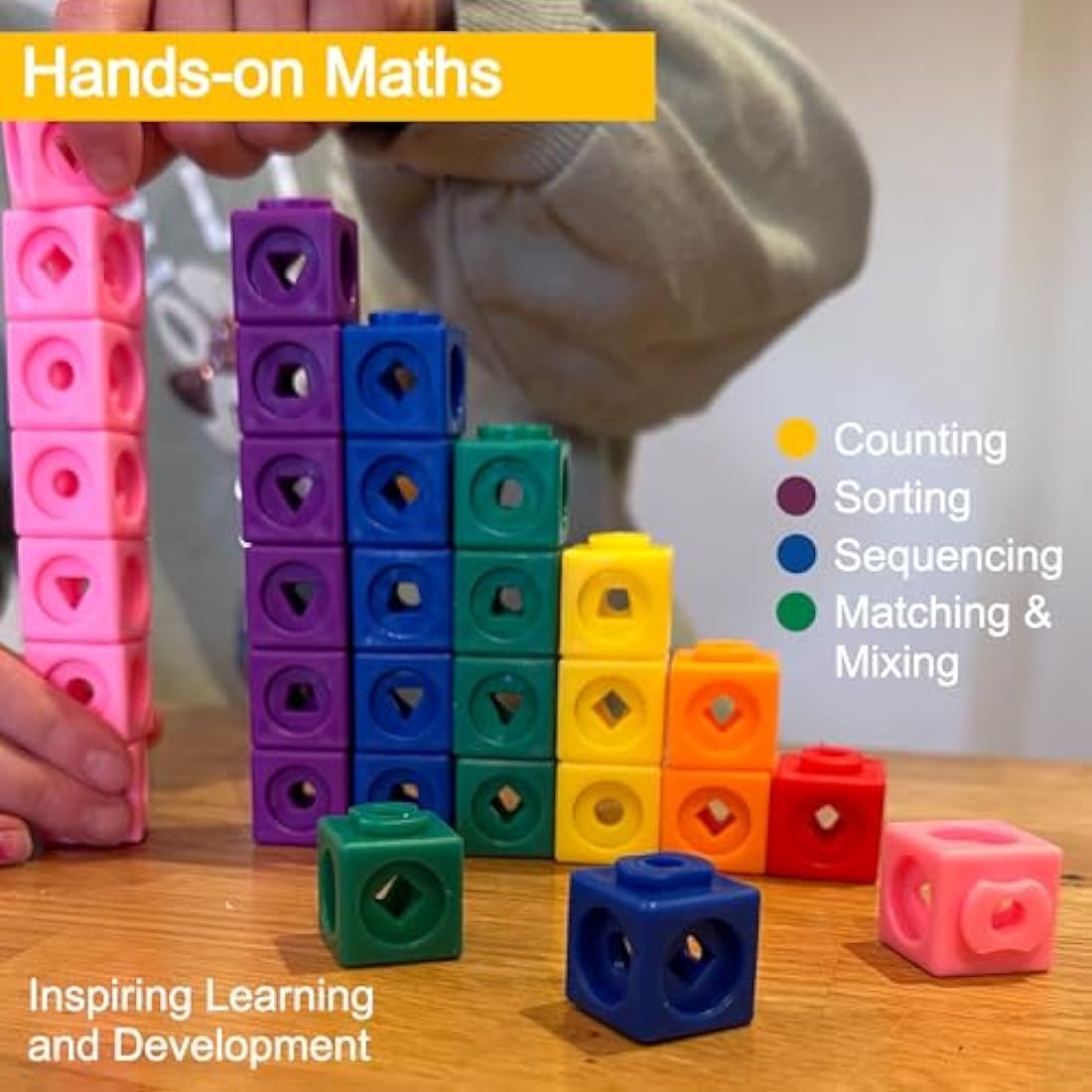 Maths Cubes - 100-Piece Set of Fidget Linking Cubes for Early Learning and Maths, with 10 Colours and Geometric Shapes, Perfect for Classroom and Home