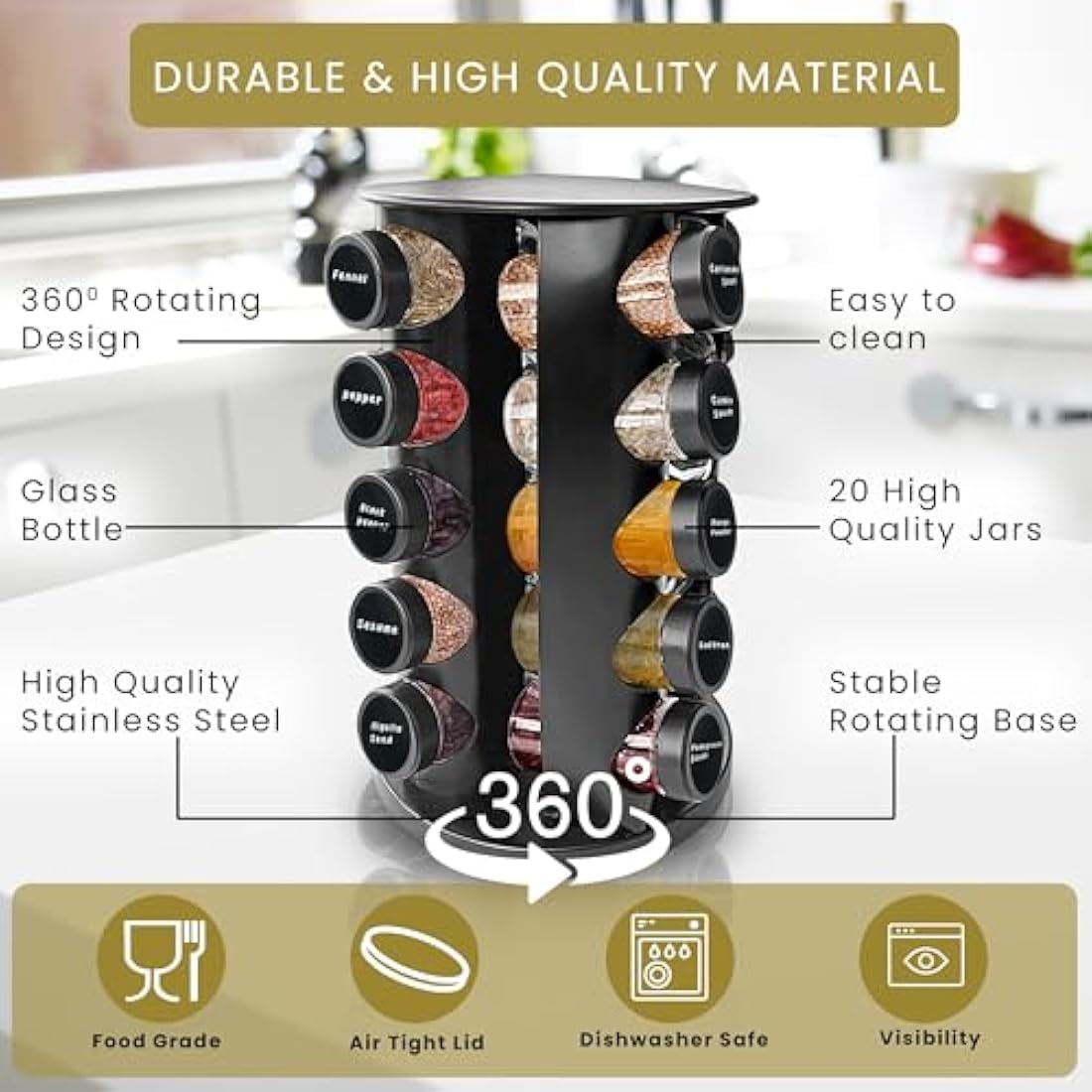 Wize Products - Black Countertop Rotating Spice Rack, 20 Empty-Jars Revolving Organiser 360°, Free Standing Round Carousel Tower, Spice Labels with Funnel for Kitchen Countertop