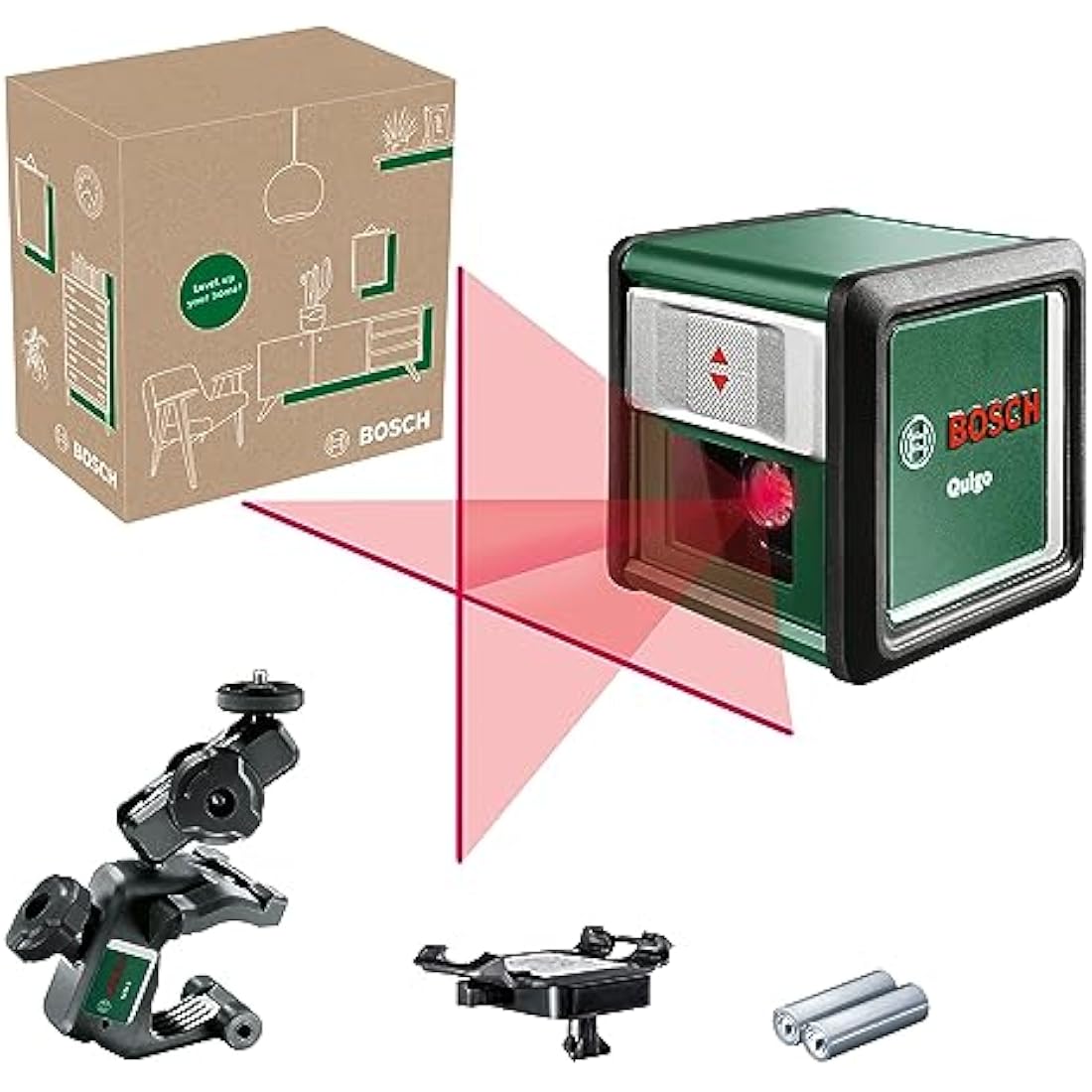 Bosch Cross line Laser Quigo with Universal clamp MM 2 (Easy and Precise Alignment with Flexible Positioning of The Tool Thanks to The Universal clamp, in E-Commerce Cardboard Box)