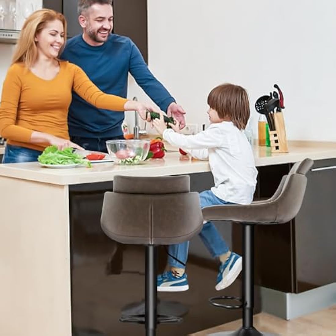 LXRADEO Bar Stools Set of 2 - PU Leather Height Adjustable With Backrest, Modern Swivel Kitchen Stools for Dining Room & Counter, Ergonomic Rotating Chairs With Wide Stable Base, Brown