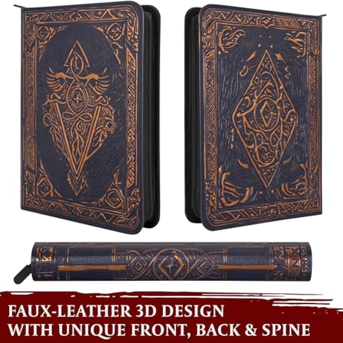 Trading Card Binder - 9 Pocket Album w Zipper - 360 Side Loading Folder for TCG - 3D PU Leather - For MTG, Disney Lorcana Trading Card Game, Magic The Gathering, Pokemon - Book Accessories Gift (Blue)