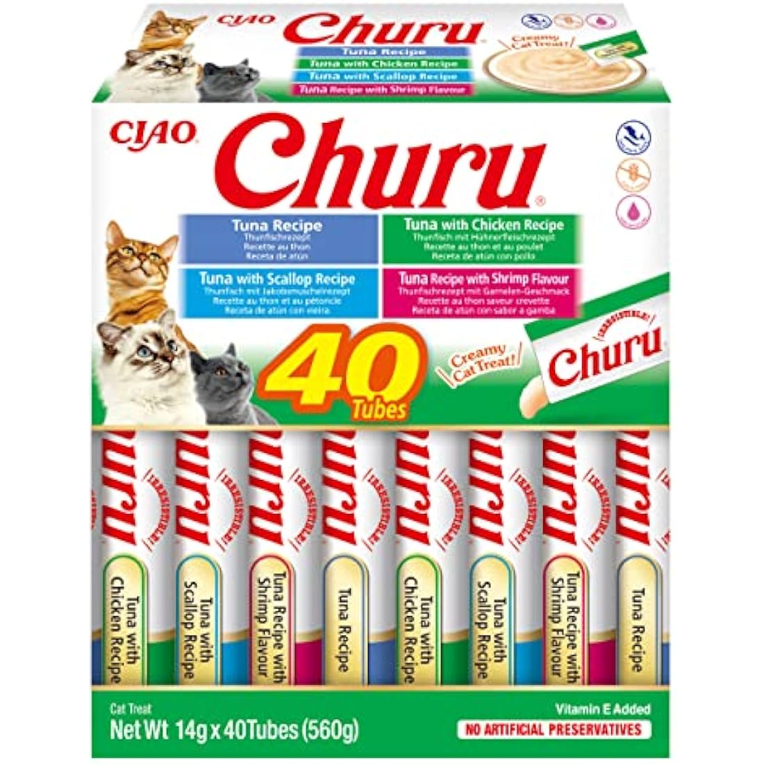 Churu by INABA Cat Treat - Tuna Seafood Variety Box - 1 Pack (40 x 14g total) / Soft & Creamy Cat Treat, Delicious & Healthy Snack, Purée Food Topper, Natural, Grain Free
