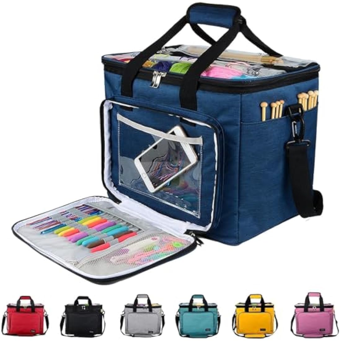 Hoshin Knitting Bag for Yarn Storage, Portable Crochet Tote Bag Yarn Organizer for Crochet Patterns and Hooks, Needles, Skeins of Yarn-Enjoy Knitting/Crocheting Anywhere(Navy)