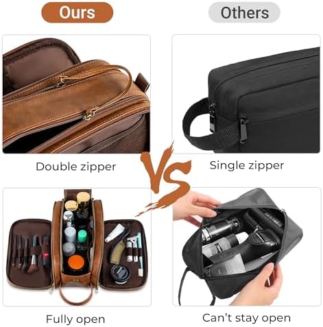 Elviros Water-Resistant PU Leather Toiletry Bag for Men Large Travel Wash Bag Shaving Dopp Kit Bathroom Gym Toiletries Makeup Organizer with Wet Dry Compartment
