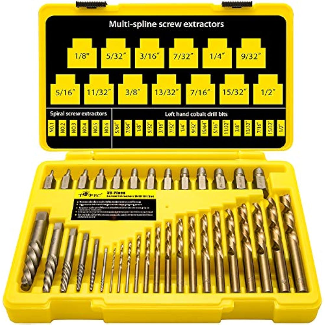 Topec 35-Piece Screw Extractor and Left Hand Drill Bits Set, Easy Out Screw Extractor Set with Reverse Drill Bits, Multi-Spline Extractors for Removing Broken Bolts and Stripped Screws