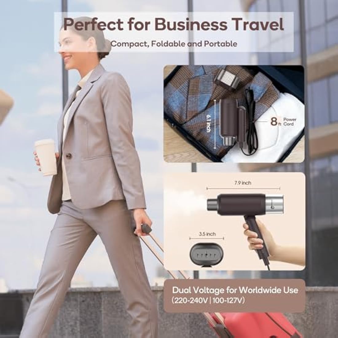 Newbealer Dual Voltage Travel Clothes Steamer - 220V/120V, 1200W Portable Garment Steamer with 180ml Detachable Water Tank, Horizontal & Vertical Steaming, Auto-Off, 20s Fast Heat Up, Brown
