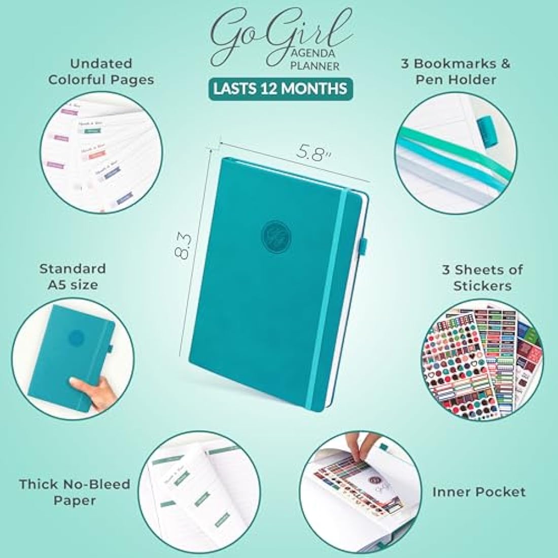 GoGirl Planner Agenda – Colorful Undated Monthly & Weekly Organizer for Women, Journal for Time Management & Productivity (Turquoise)
