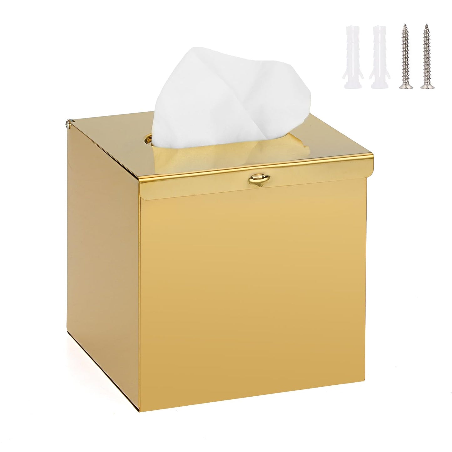 BTSKY Gold Square Tissue Box Cover - Cube Stainless Steel Tissue Holder, Household Tissue Paper Dispenser for Bathroom Kitchen Office Restaurant Hotel