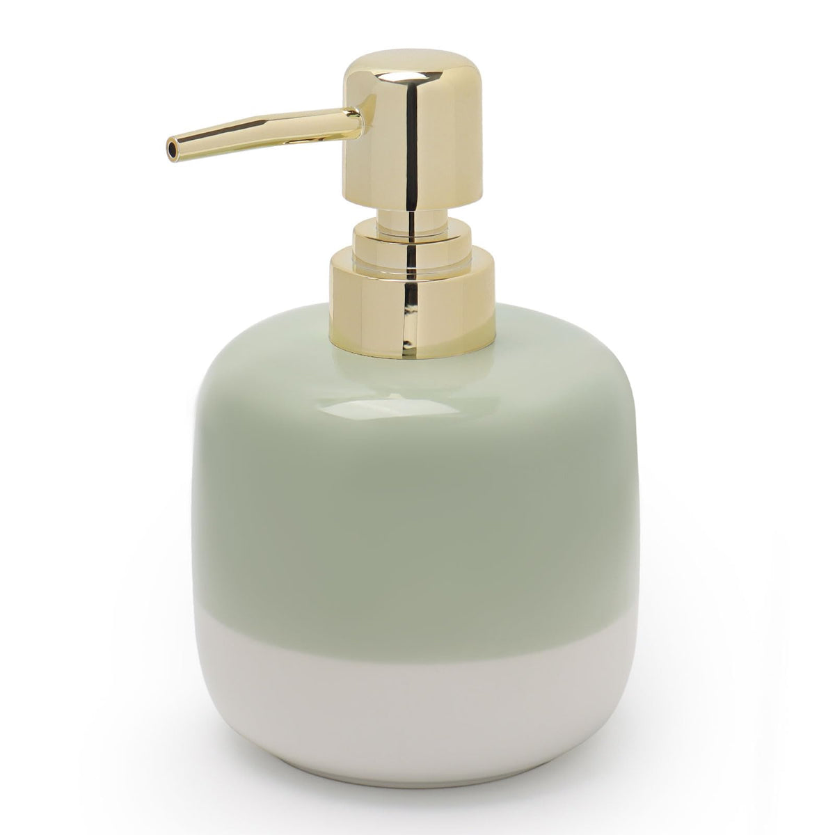 Asashizen Ceramic Soap Dispenser Green and White Two Color Splicing with Gold Pump,Simple Design Cylindrical Lotion Dispenser Bottle,Refillable Liquid
