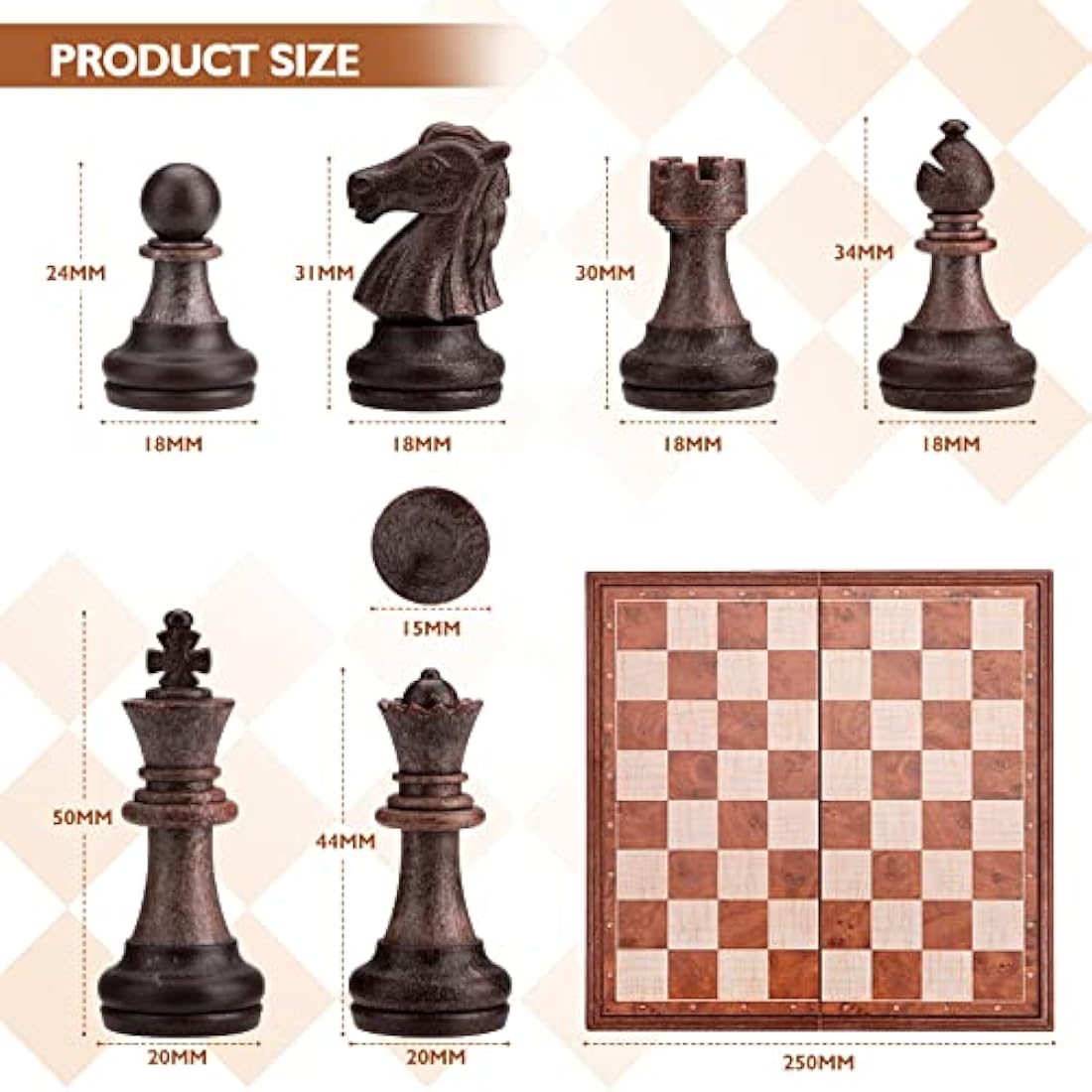Peradix Chess Set and Draughts Board Games 2 in 1 | Magnetic Chess Checkers Board Toys | Travel Folding Board and Chess Piece for Kids and Adult (25x25cm), Brown