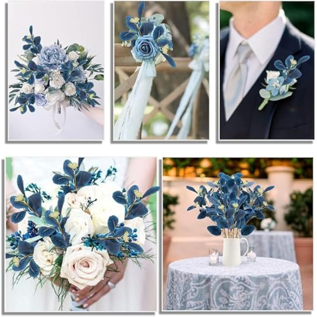 UXORSN 6PCS Artificial Eucalyptus Stems Leaves Blue Faux Eucalyptus Plant Spray Greenery Stem Branches with Seeds Silver Dollar Foliage for Wedding Vase Flower Arrangement Party Decor