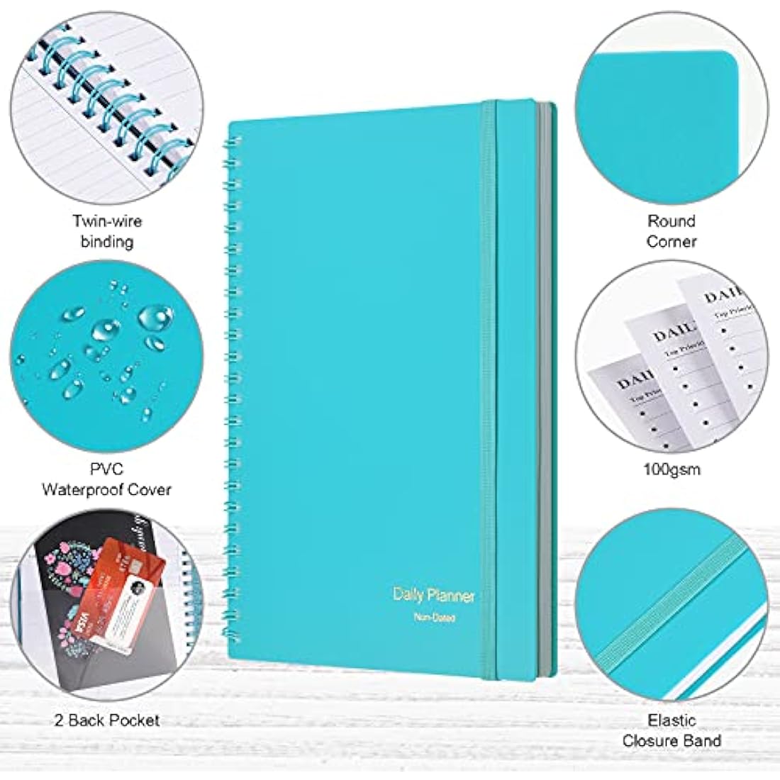 Daily Planner Undated, Asten to Do List Notebook Hourly Schedules Spiral Appointment Planner for Men and Women,PVC Hardcover,Elastic Closure, Inner Pocket 14.7 x 21.2cm (Blue)