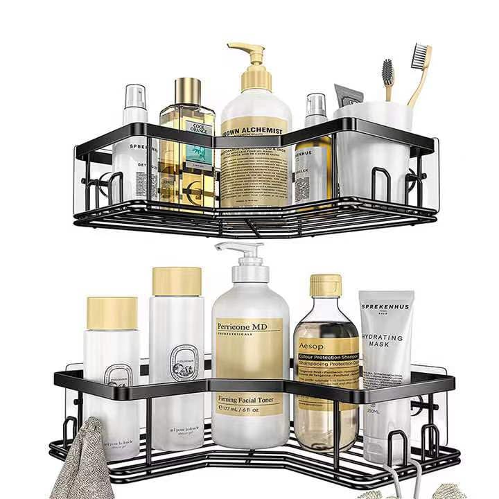 ASelected 2 Pack Corner Adhesive Shower Caddy, with Toothpaste Holder and 8 Hooks, Rustproof Stainless Steel Bathroom Organizer with 4 Moveable Hooks,