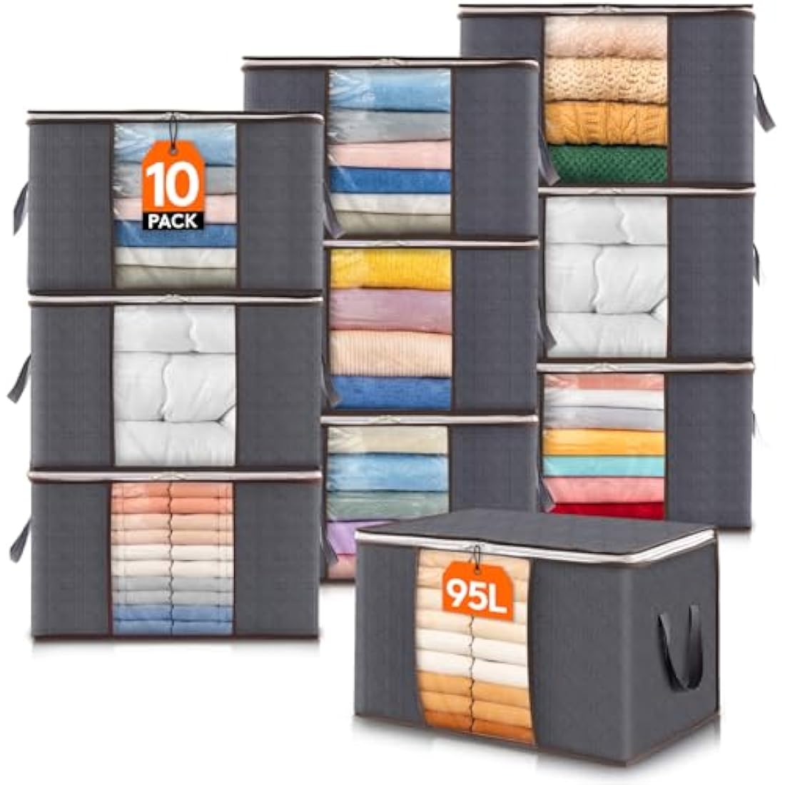 Lifewit Large Capacity Clothes Storage Bag Organizer with Reinforced Handle Thick Fabric for Comforters, Blankets, Bedding, Foldable with Sturdy Zipper, Clear Window (Grey, 10 Pack)