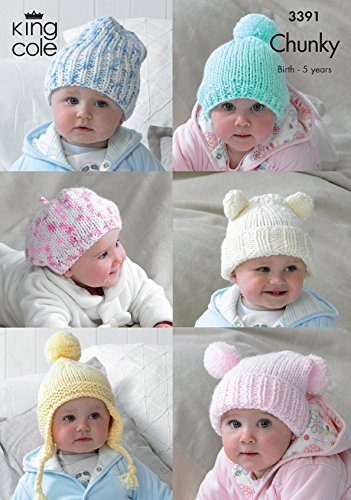King Cole 6 Baby Hats Comfort Chunky Knitting Pattern 3391 by King Cole