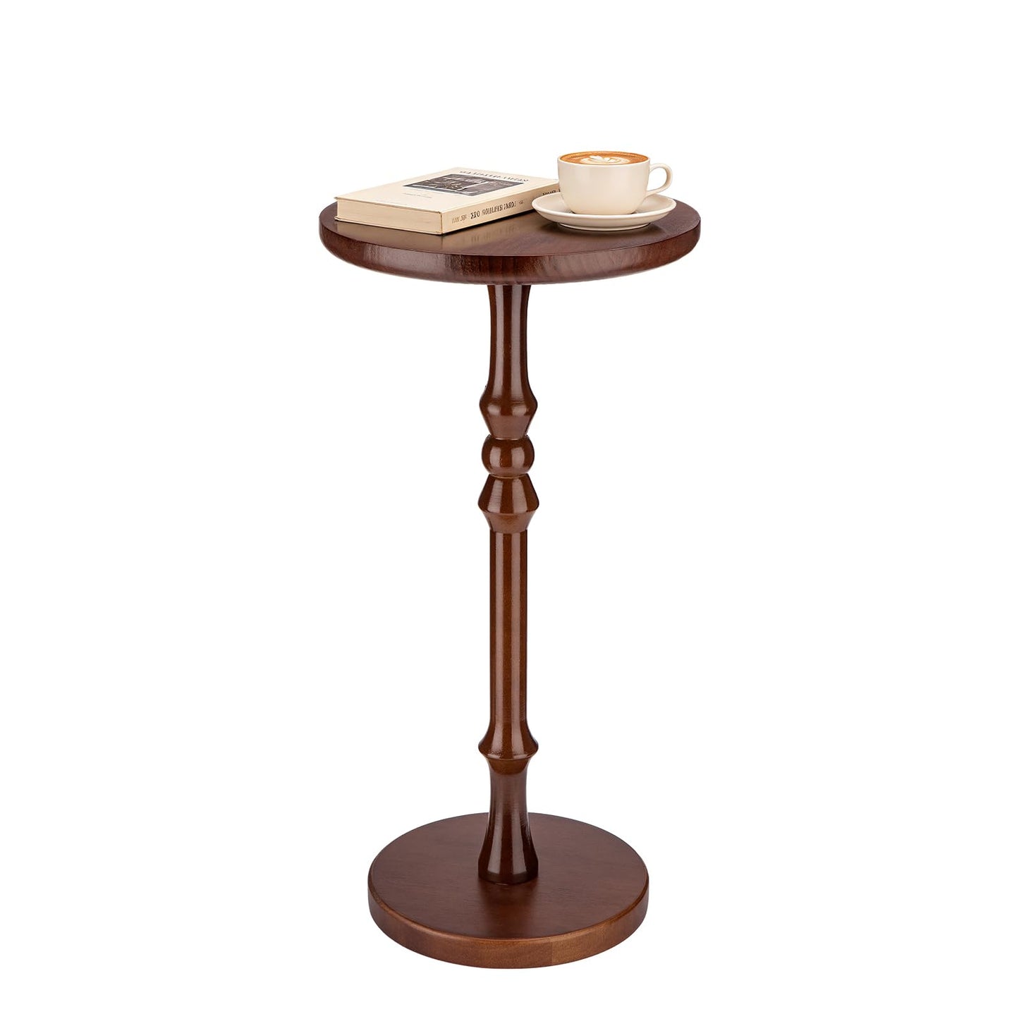 Lampaggio Round Side Table for Small Spaces, Drink Table with Oak Wood Pedestal Base, Modern Accent End Table or Nightstand for Living Room, Bedroom