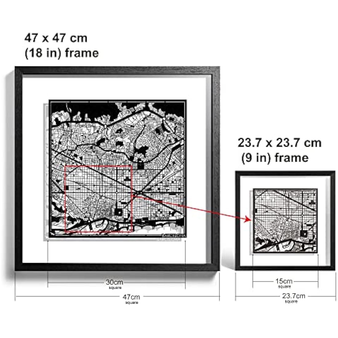 O3 DESIGN STUDIO Barcelona Marco de Papel para mapas, Black map, Black frame, 9x9 inches, Gift Boxed, 2 background color, self-changing, Paper Art