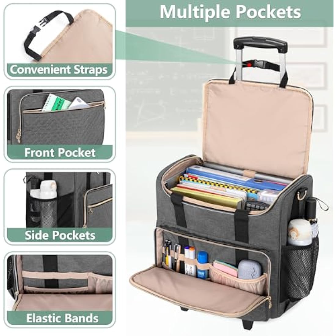 Luxja Rolling Teacher Bag with Laptop Compartment and Detachable Dolly, Multifunctional Rolling Teacher Tote Bag (Bag Only), Grey