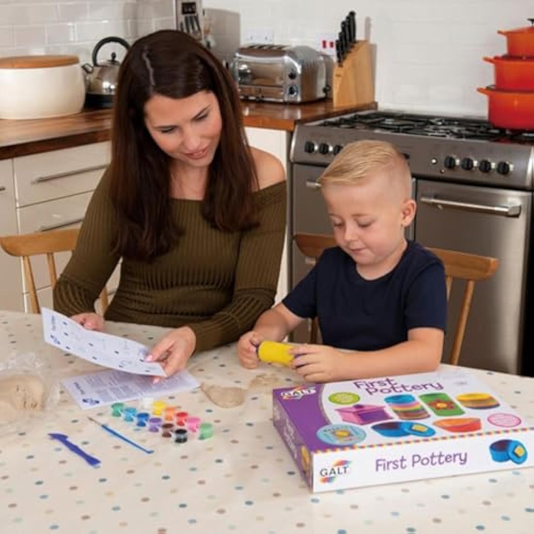 Galt First Pottery - Fun Arts and Crafts Kit for Kids - Childrens Air Dry Clay Painting and Pottery Set for Girls and Boys with Ceramic Paints,Mini Rolling Pin,Paintbrush and Guide - Ages 6 Years Plus