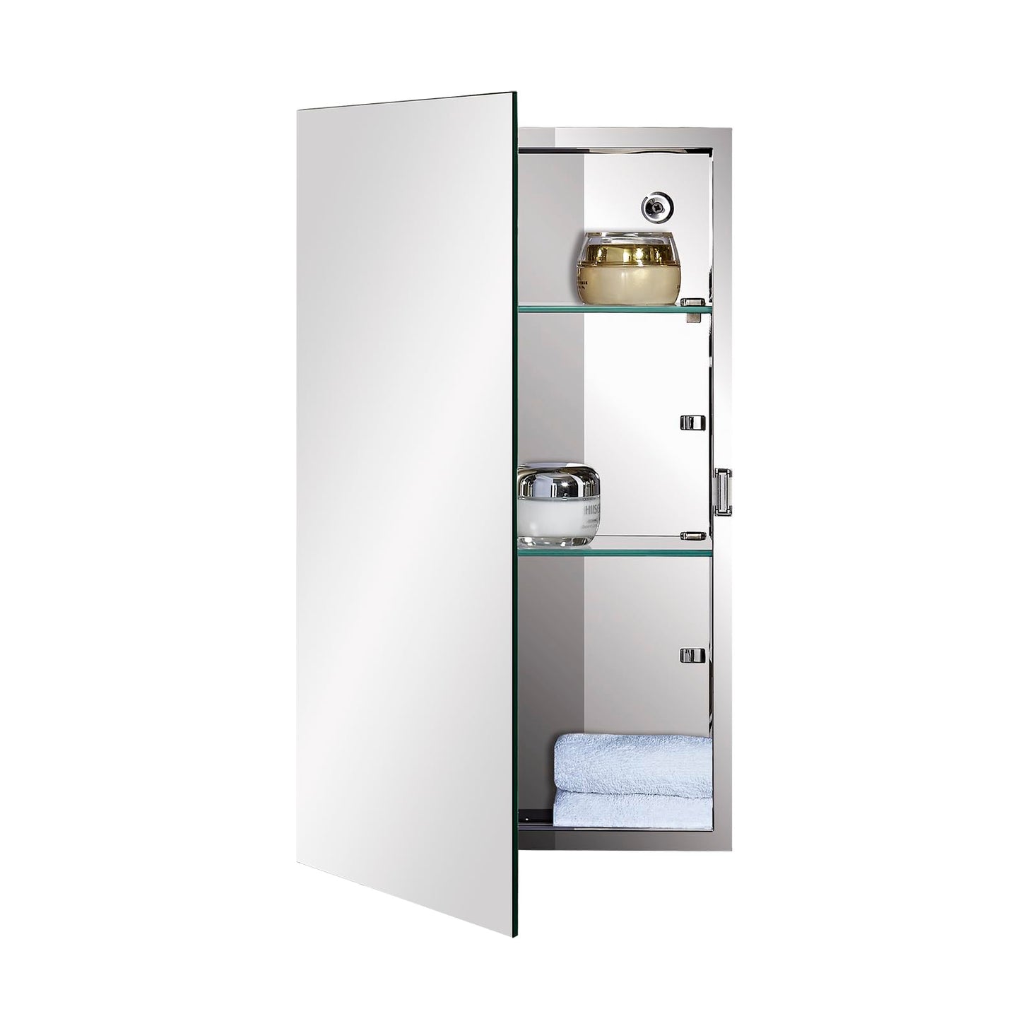 Fundin Bathroom Mirror Cabinet with Single Door, Adjustable Tempered Glass Shelves, Surface Mounted, 30cm W x 50cm H, Mirrored Finish