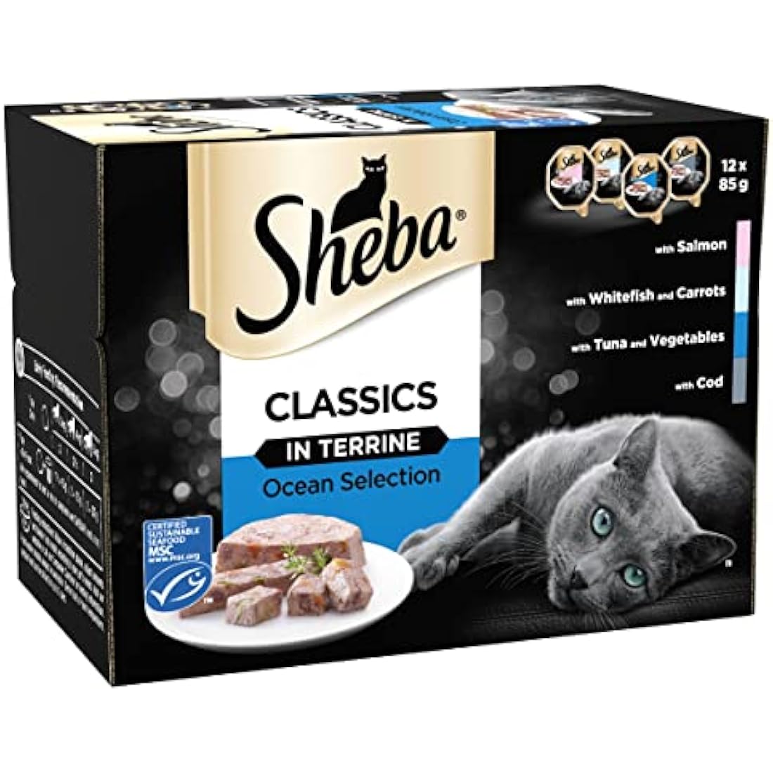 Sheba Classics in Terrine – Ocean Collection – Wet pate trays for adult cats – Pack of 4 (4 x 12 Trays x 85 g)