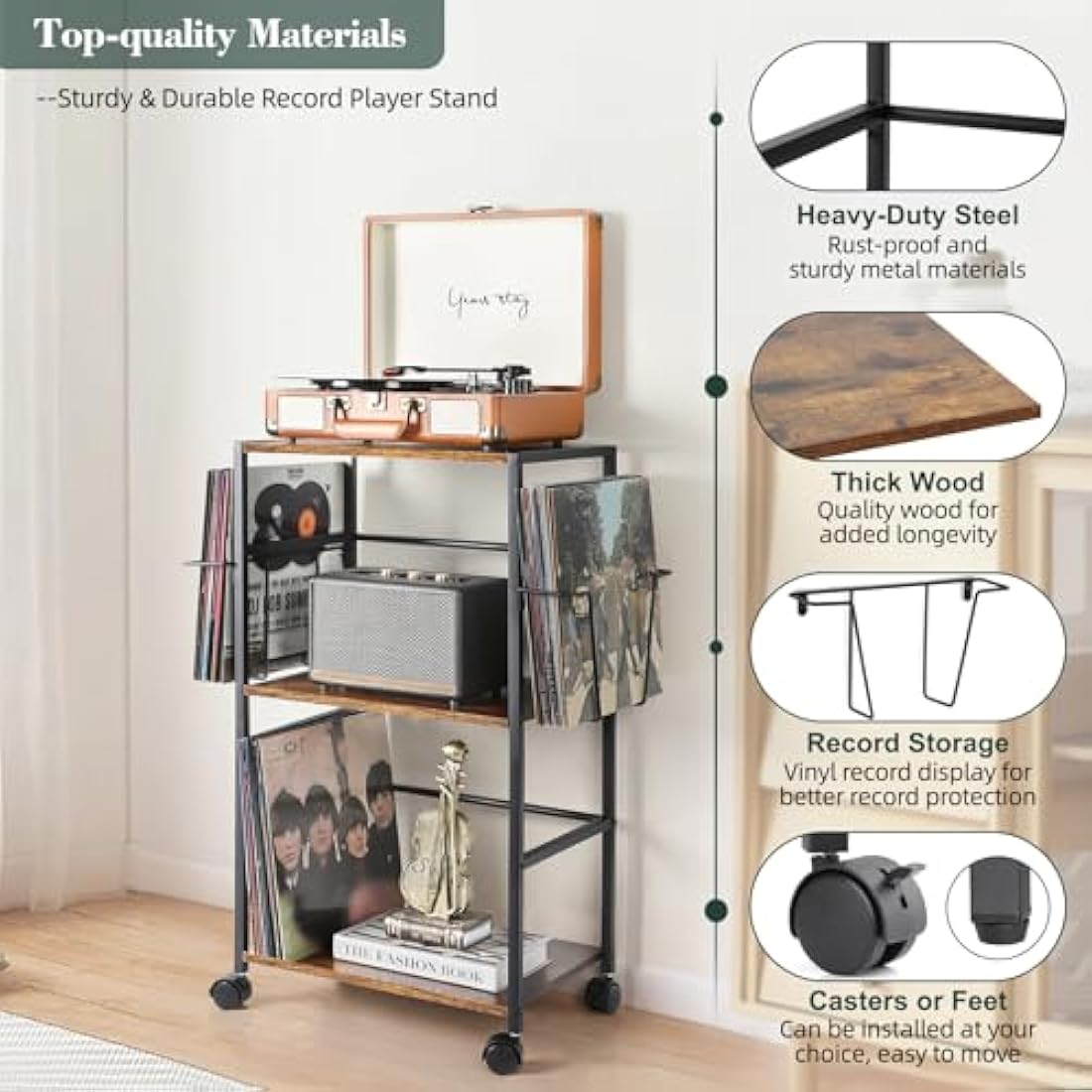 Bikoney Vinyl Record Storage, Rolling Side Table with Player Stand, Large End Table Cart Up to 150 Albums, Turntable Holder with 2 Display - Vinyl Storage for Living Room Bedroom Office