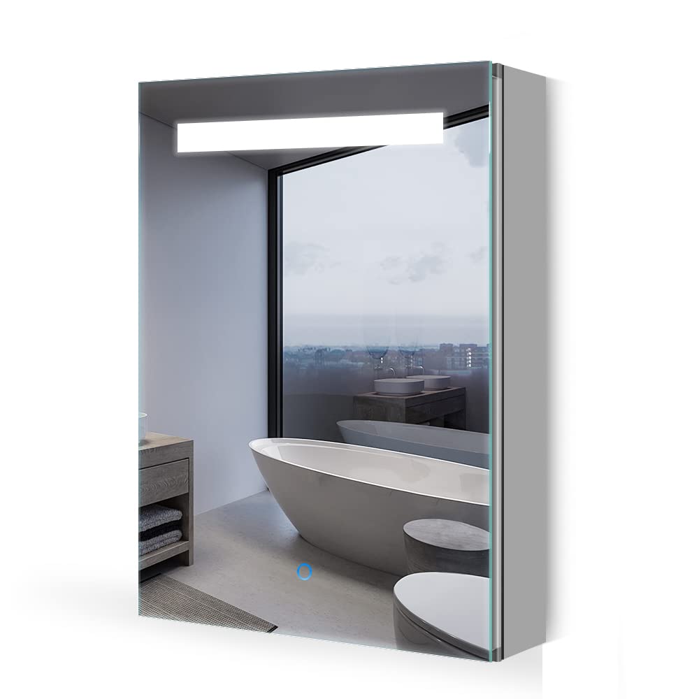 Quavikey? Bathroom Mirror Cabinet with Light and Shaver Socket Grey LED Illuminated Bathroom Cabinet With Mirror Built-in Defogger Adjustable Dimmer