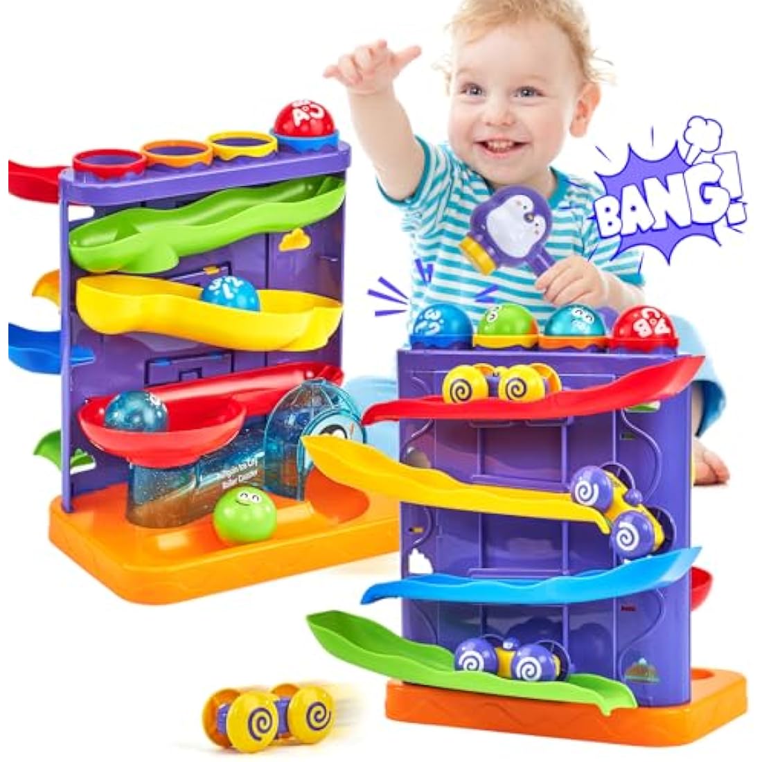 hahaland Toys for 1 Year Old Boys - 2 in 1 Pound & Roll Balls Toy & Car Ramp Race Track Toddler Toys Baby Toys 12 Months Early Developmental Hammer Montessori Toys Gifts for 1 2 3 Year Old Boys Girls