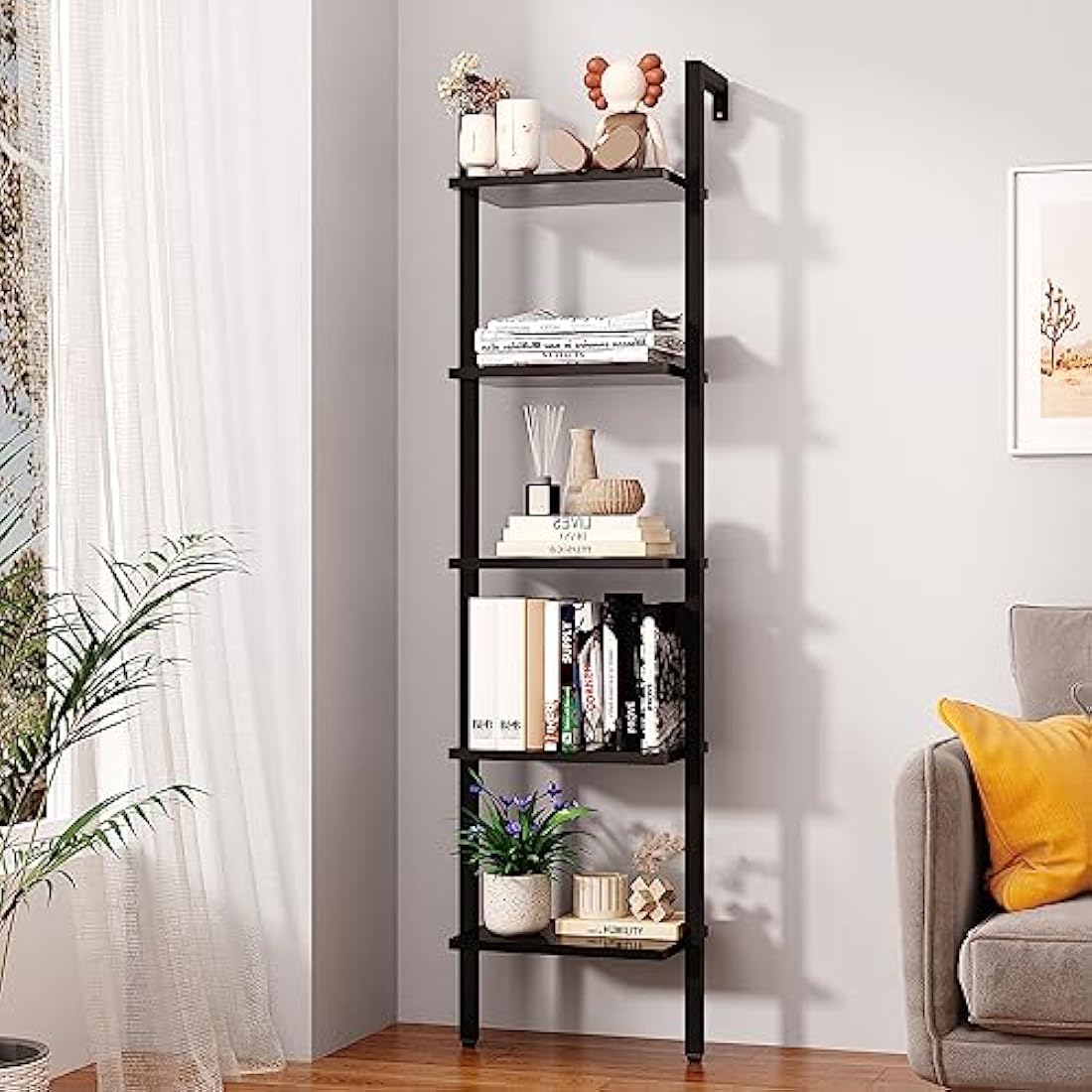YMYNY Bookshelf Wall Mounted, Ladder Shelf, 5-Tier Bookcase Rack, Storage Unit with Metal Frame, Industrial Floating Wall Shelf for Living Room, Kitchen, Office, 40×30×178CM Black HBC015B