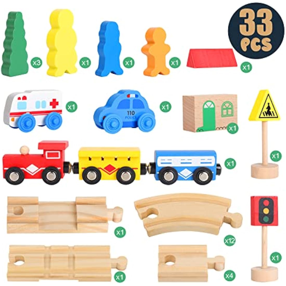 Thomas & Brio Compatible Wooden Train Set - 33 Piece Magnetic Railway with Wooden Rails for 3-6 Year Old Girls & Boys