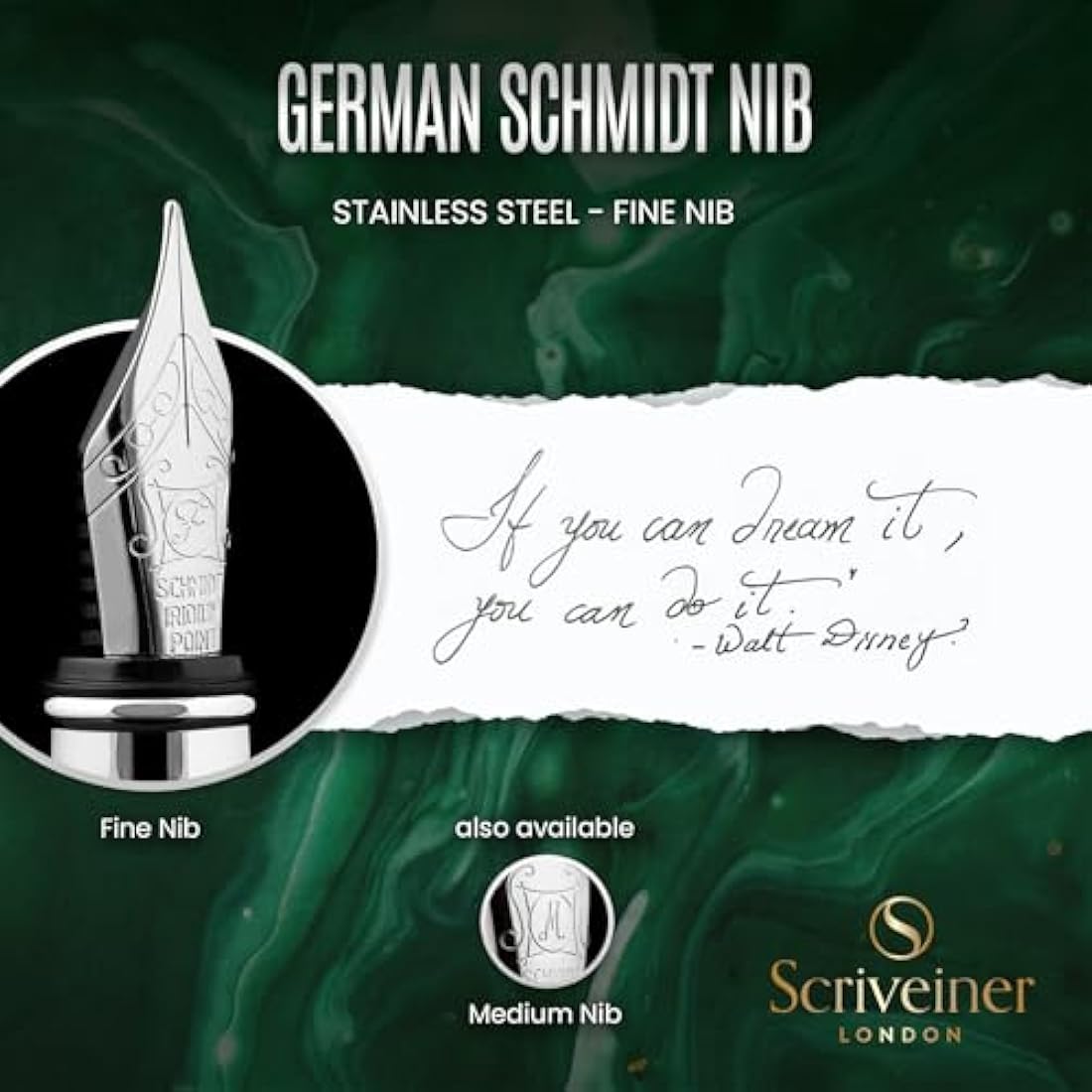 Scriveiner Fountain Pen - Very Dark British Racing Green, Stunning Luxury Pen, Chrome Finish, Schmidt Nib (Fine), Best Pen Gift Set for Men & Women, Professional, Executive, Office, Nice Pens