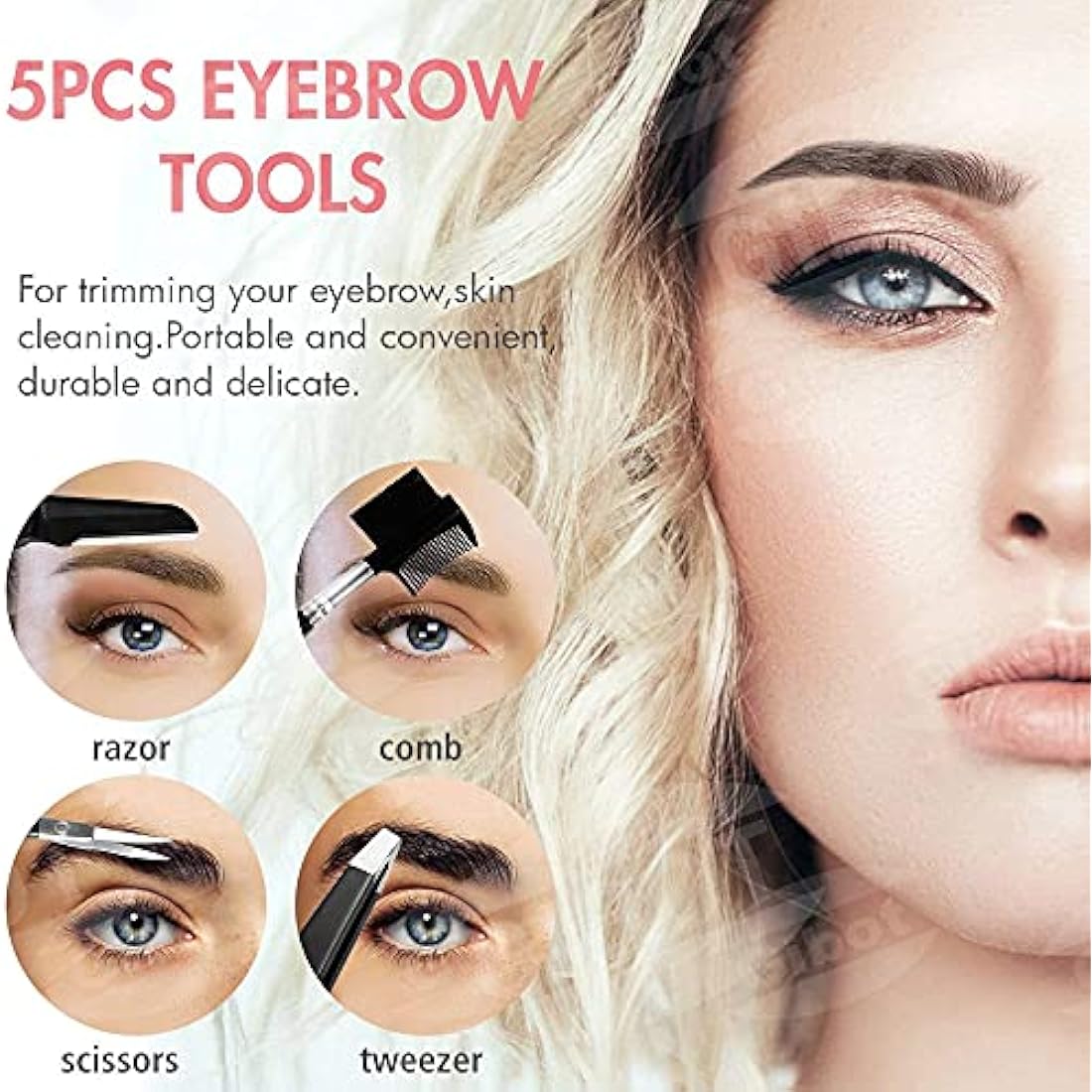 Gibot Stainless Steel Eyebrow Grooming Kit - 5pcs Set with Tweezers, Scissors, Brush Comb, Pencil, Razor and Travel Case for Women and Men, Black