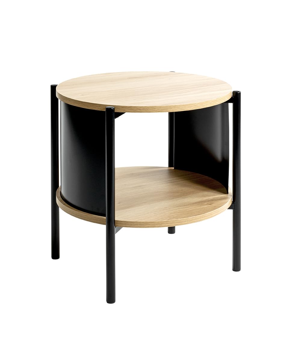HAKU Side Table Round Side Table Natural Oak Black MDF Top Metal Frame Round Coffee Table - Dimensions: H 44 x Ø 44 cm Style: Modern