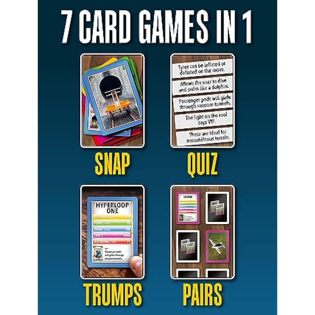 SMART CARDS Transport, 7 games in 1, Pairs, Snap, Trumps, Rummy, Memory Quiz, Learn Facts, Travel Game, Gift, Stocking Filler, Age 5+, 1-8 Players