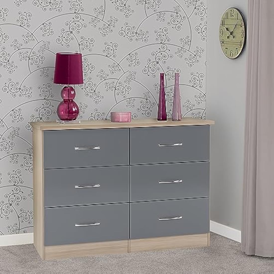 Seconique Nevada 6 Drawer Chest in Grey Gloss/Light Oak Effect Veneer