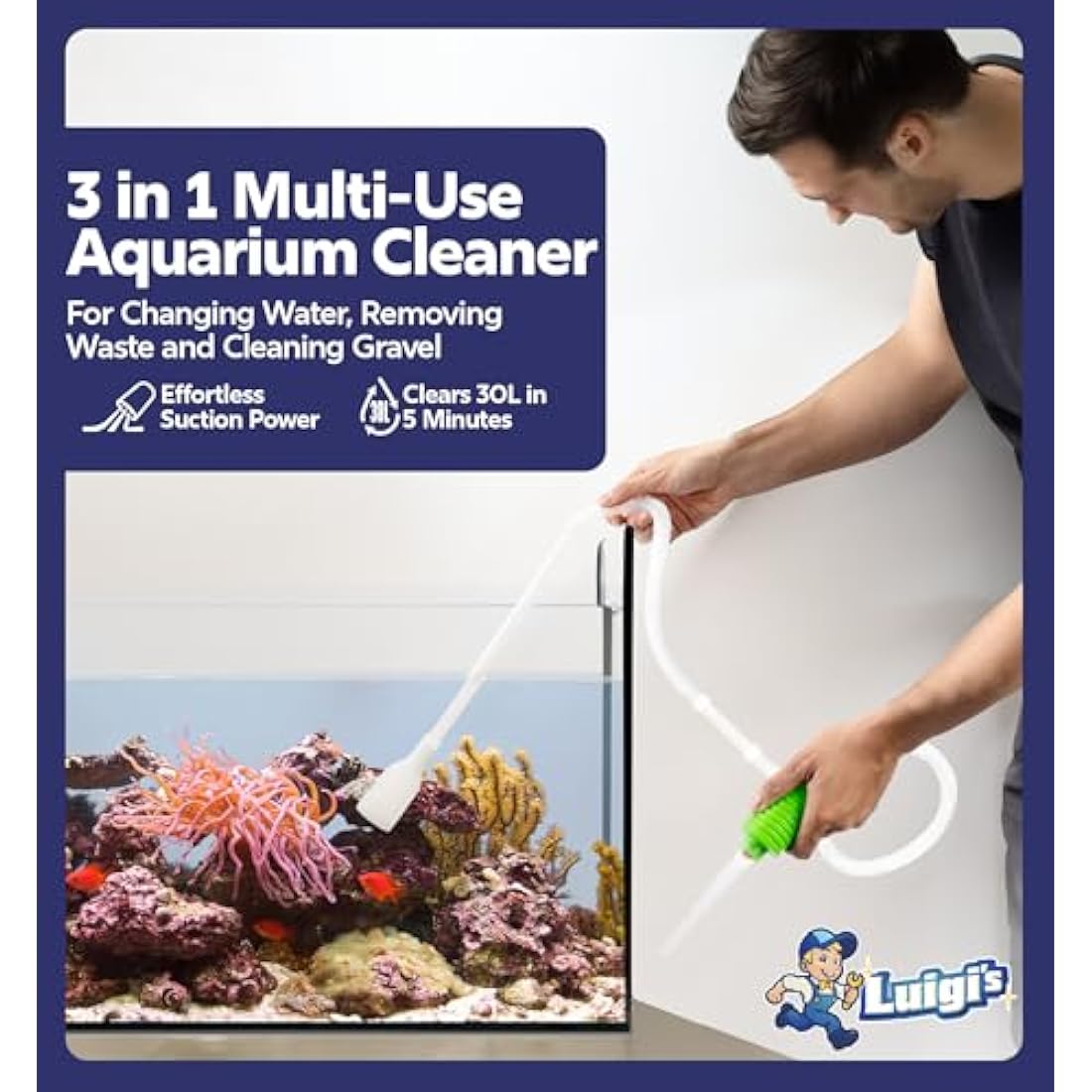 Luigi's Syphon Fish Tank Cleaner for Aquarium - Filtered Hand Vacuum Syphon Pump - 3-in-1 Water Changer and Gravel Washer for Fish Tank - Fish Tank Cleaning Kit