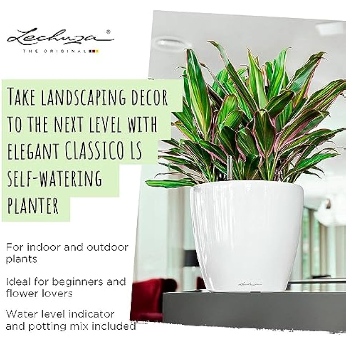 Lechuza Self Watering Plant Pot CLASSICO 50 LS Garden Flower Indoor and Outdoor Plastic Planter with Drainage Hole D50 H47 cm Black High-Gloss