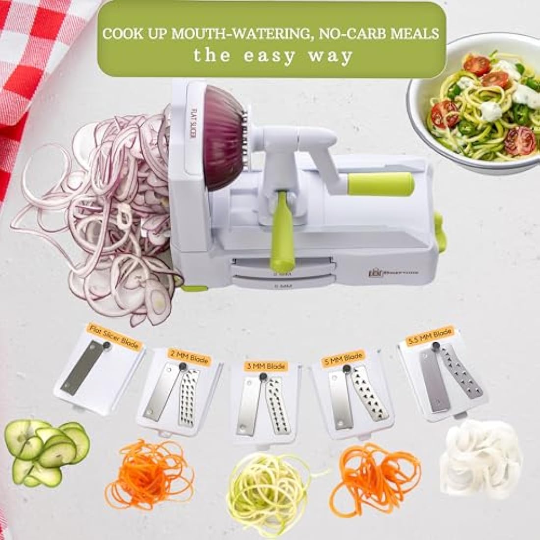 Brieftons 5-Blade Vegetable Spiralizer: Strongest-Heaviest Spiral Slicer, Best Veggie Pasta Spaghetti Maker for Low Carb/Paleo/Gluten-Free/Vegan Meals, with Extra Blade Caddy, 4 Recipe Ebooks