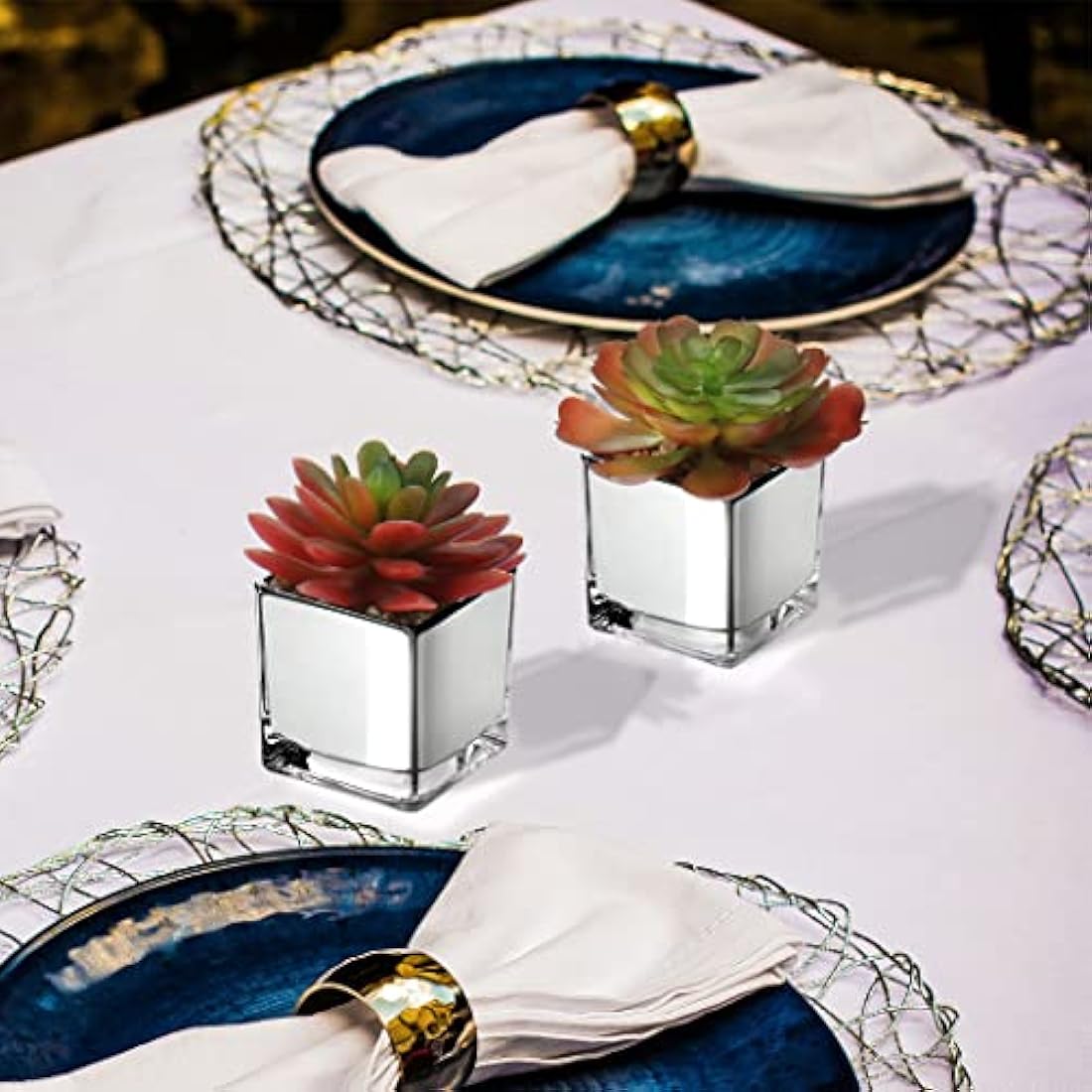 Briful Mini Artificial Succulent Plants, Set of 2 Faux Succulents in Galvanized Glass Pot Modern Fake Plants Plastic Succulents for Centerpiece Bathroom Shelf Bedroom Decor