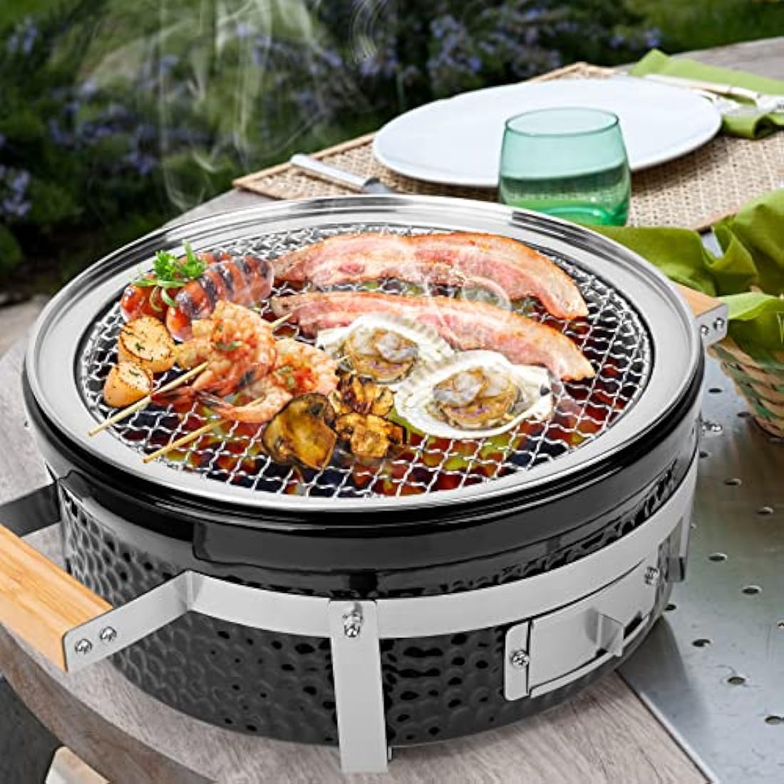 Onlyfire Round Tabletop Ceramic Clay Stove Portable BBQ Charcoal Grill,Portable Tabletop Grill for Outdoor,Indoor Cooking,Outdoor Camping and Garden